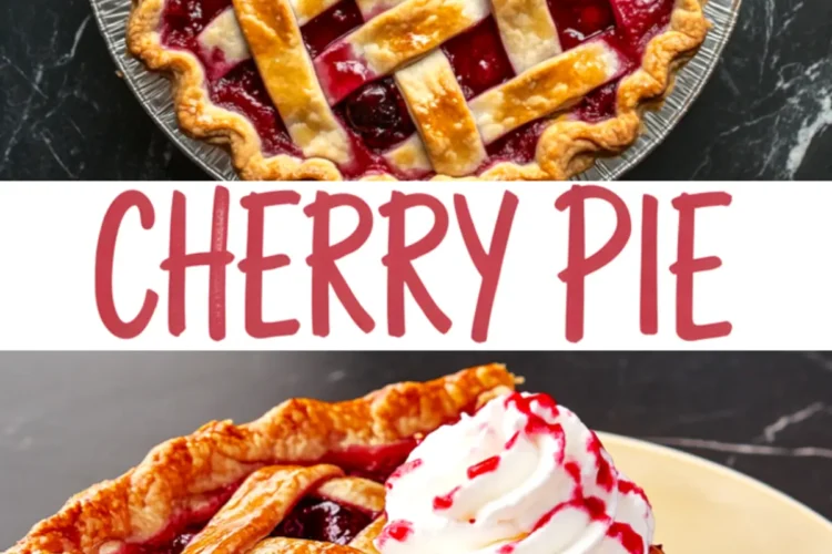 Collage showing a baked cherry pie with a golden lattice crust in a foil pie dish, and a slice topped with whipped cream and cherry drizzle on a yellow plate.