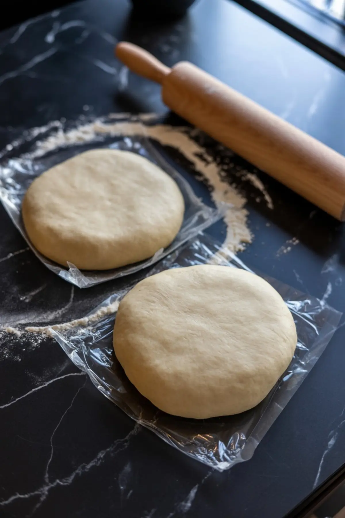 Two discs of pie dough wrapped in plastic wrap and dusted with flour, set on a black marble surface next to a wooden rolling pin.
