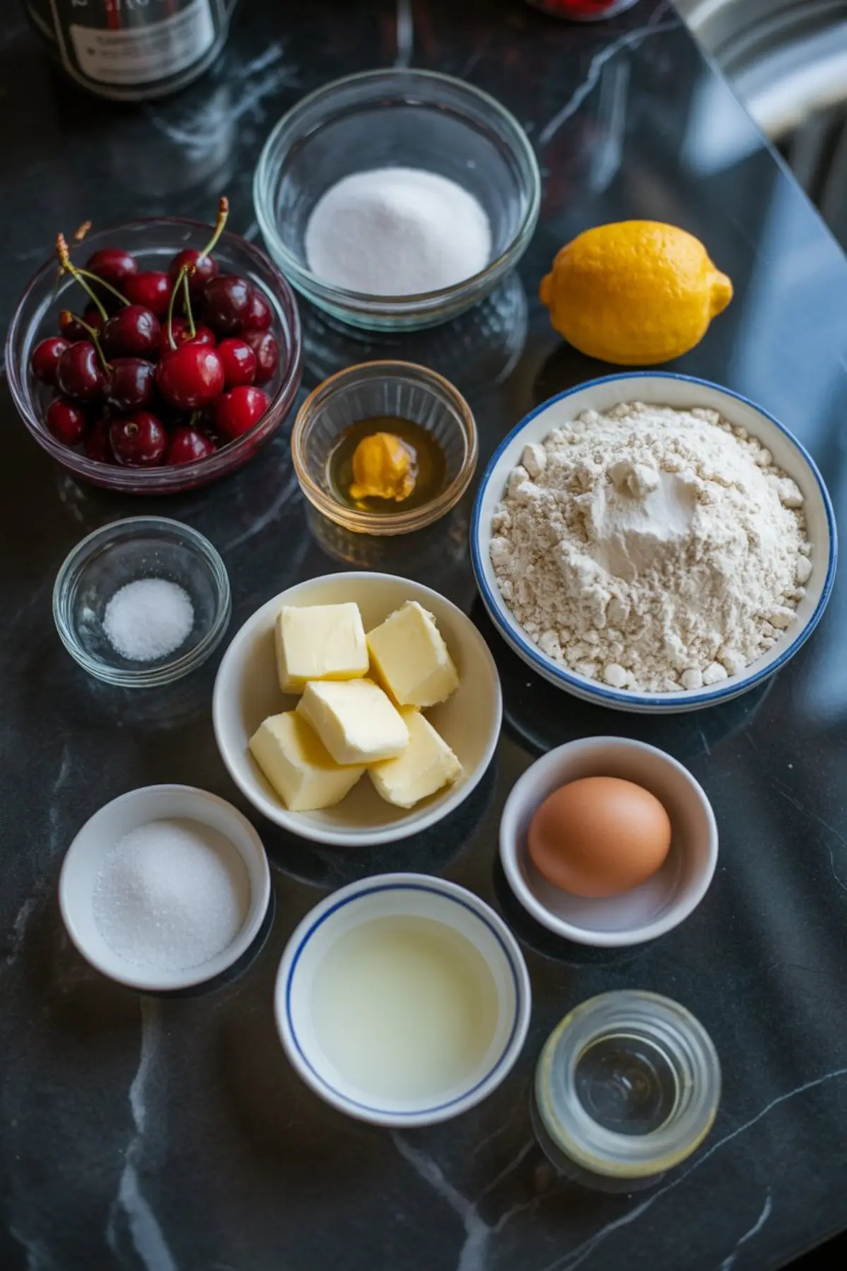 Overhead view of fresh cherry pie ingredients on a black marble surface, including cherries, flour, sugar, butter, egg, lemon, milk, vanilla extract, baking powder, and salt.