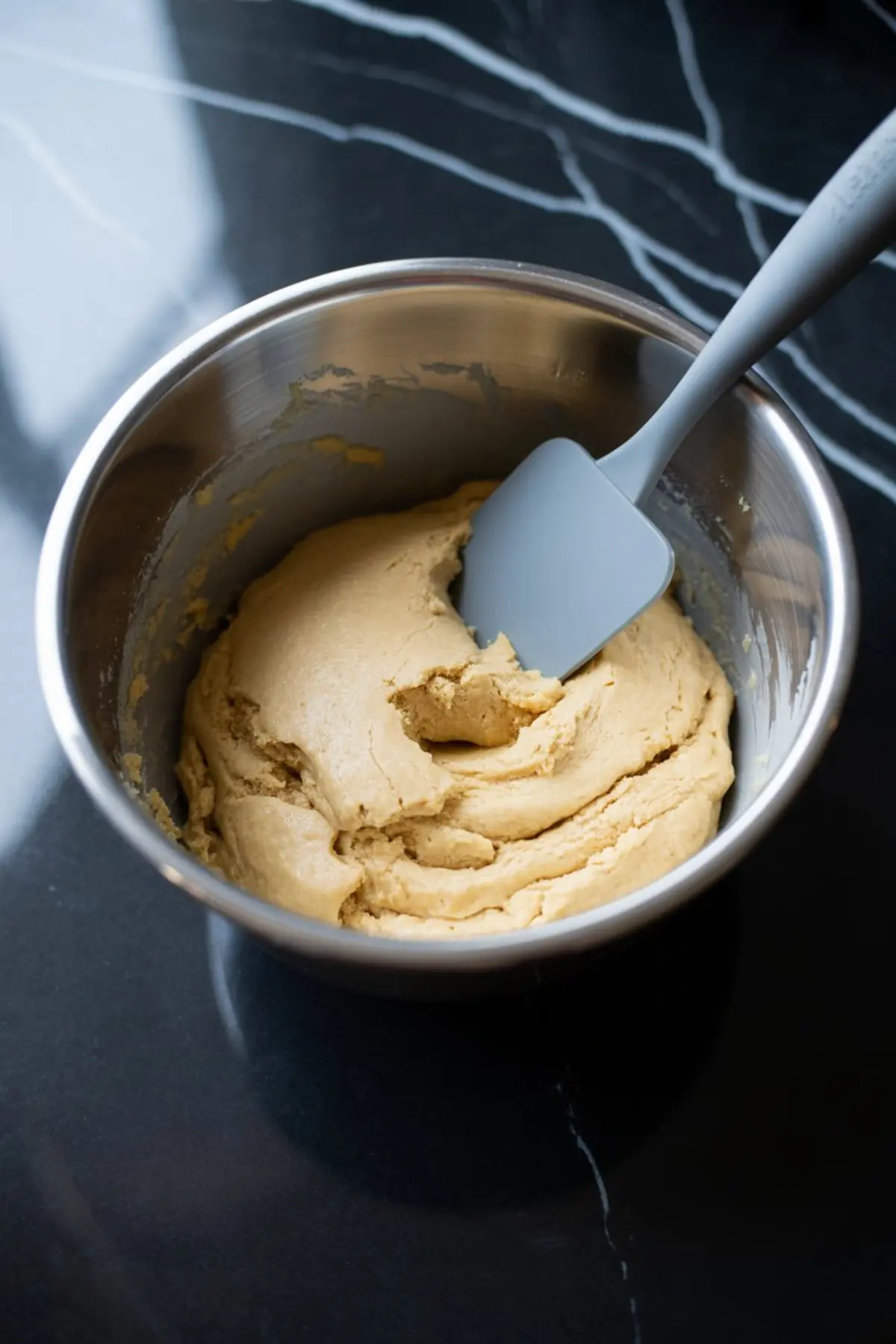 Smooth pie dough mixture in a stainless steel mixing bowl with a silicone spatula, ready to be rolled out for cherry pie crust.