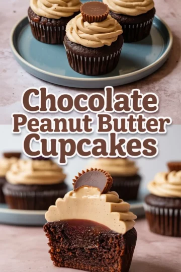 Collage featuring a plate of chocolate cupcakes topped with swirled peanut butter frosting and mini peanut butter cups, along with a cut cupcake showing a gooey chocolate peanut butter center.