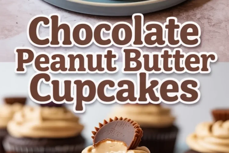 Collage featuring a plate of chocolate cupcakes topped with swirled peanut butter frosting and mini peanut butter cups, along with a cut cupcake showing a gooey chocolate peanut butter center.