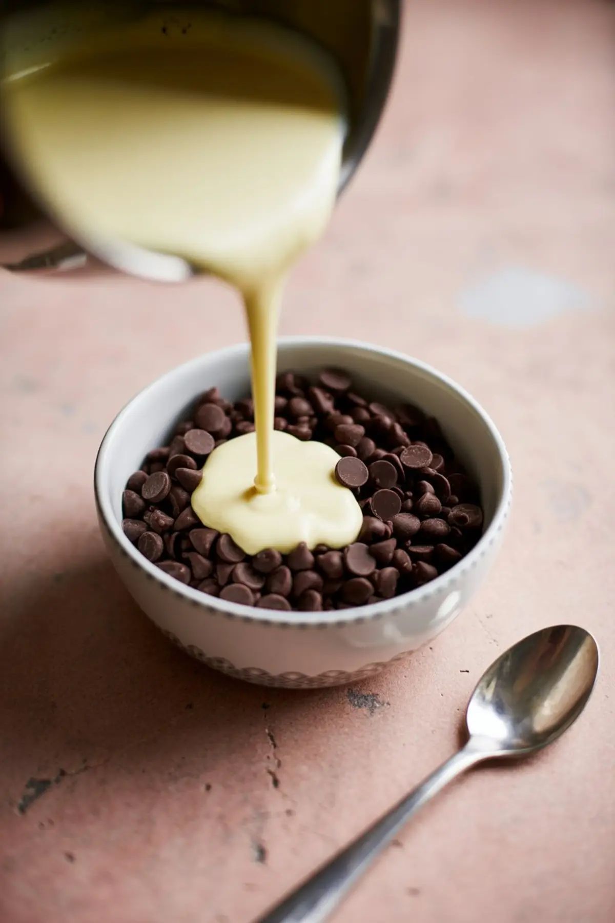 Warm cream being poured into a white bowl filled with semi-sweet chocolate chips, placed on a pink countertop with a metal spoon beside it.