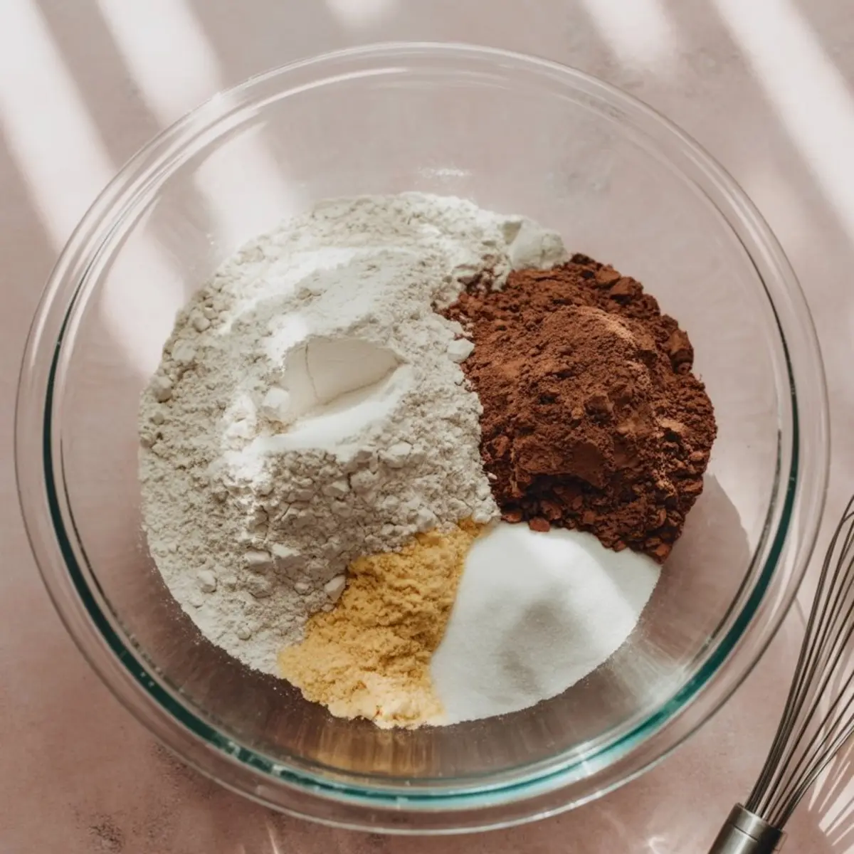 Glass bowl with dry ingredients including flour, cocoa powder, powdered sugar, baking soda, and ground ginger, arranged in sections and ready for whisking.