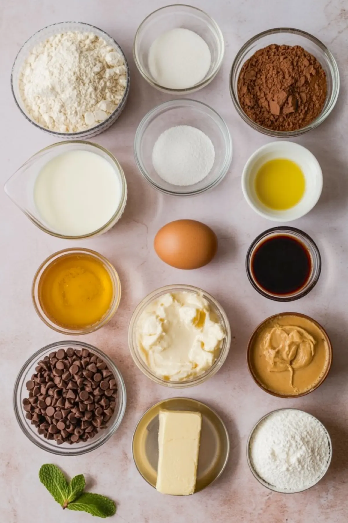 Flat lay of baking ingredients in small bowls, including flour, cocoa powder, milk, eggs, sugar, vanilla extract, oil, honey, peanut butter, cream cheese, butter, and chocolate chips.