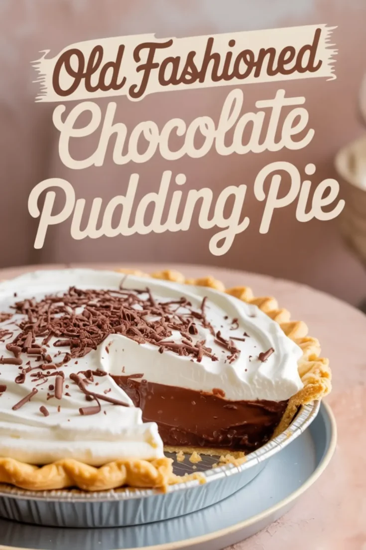 Chocolate pudding pie with whipped cream topping and chocolate shavings, partially sliced to reveal the smooth, rich chocolate filling, with a text overlay reading “Old Fashioned Chocolate Pudding Pie.”