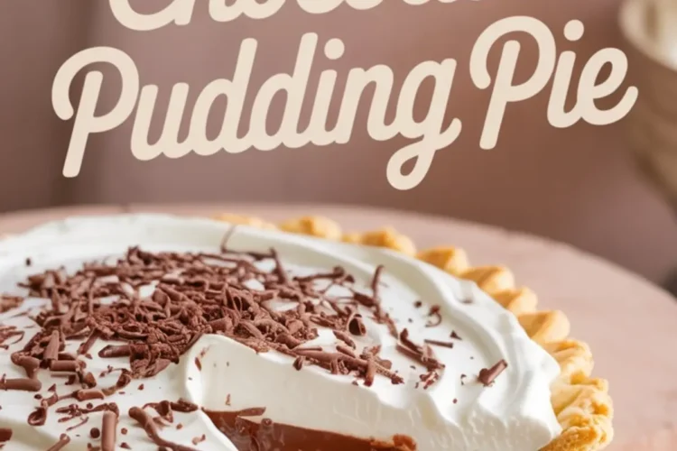 Chocolate pudding pie with whipped cream topping and chocolate shavings, partially sliced to reveal the smooth, rich chocolate filling, with a text overlay reading “Old Fashioned Chocolate Pudding Pie.”
