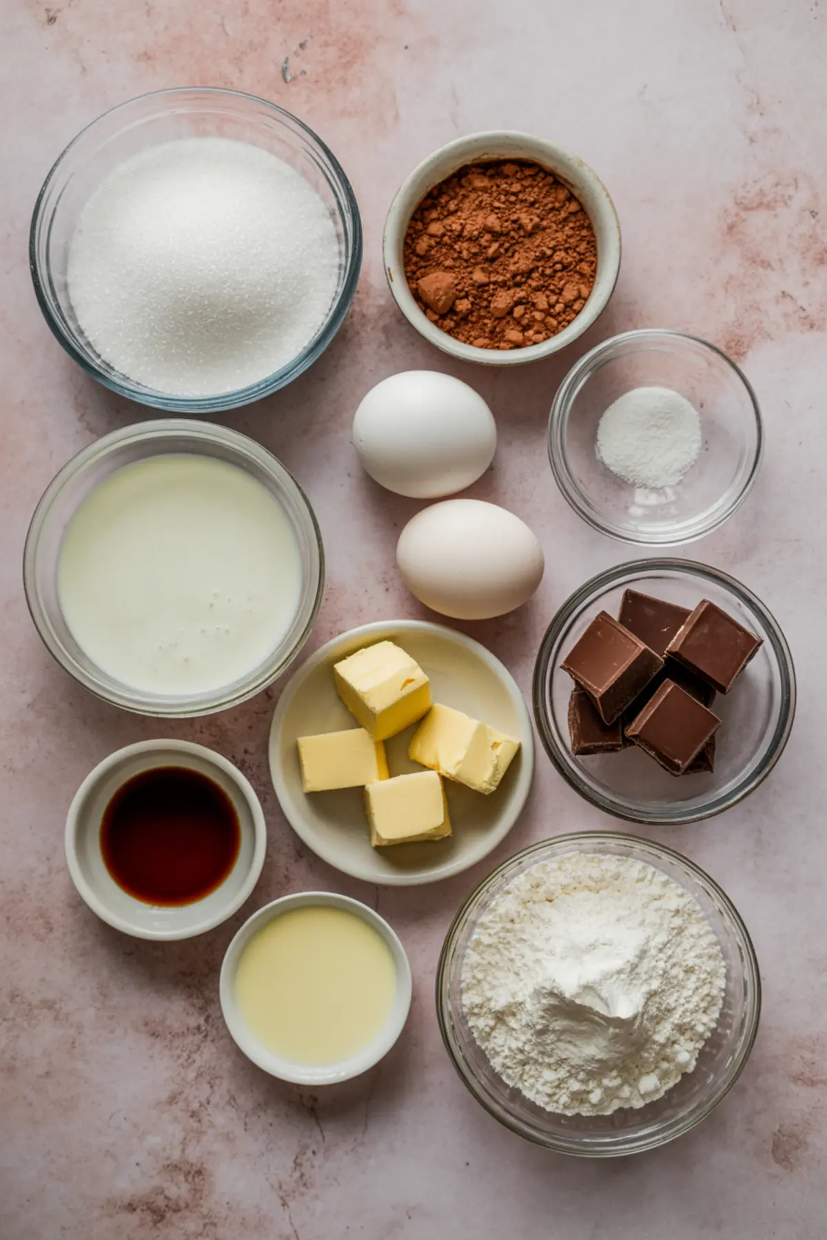 Overhead view of chocolate pudding pie ingredients laid out on a pink background, including sugar, cocoa powder, eggs, milk, butter, chocolate squares, flour, vanilla extract, and baking powder.