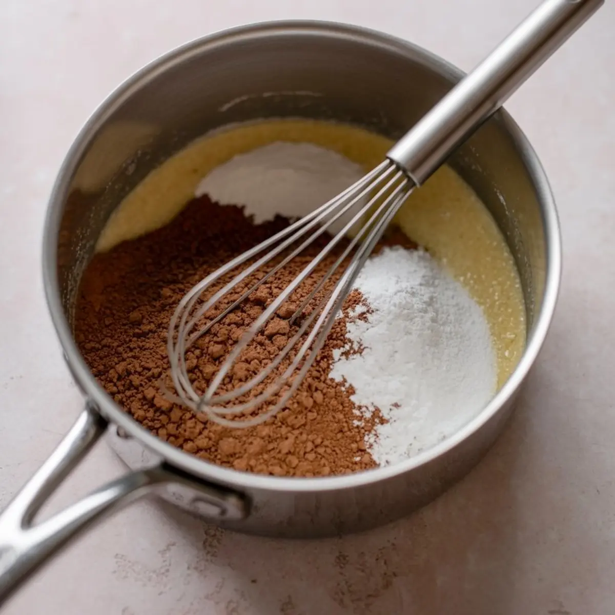 Overhead image of a saucepan with cocoa powder, sugar, and cornstarch being mixed with a whisk, capturing the beginning stage of making chocolate pudding.