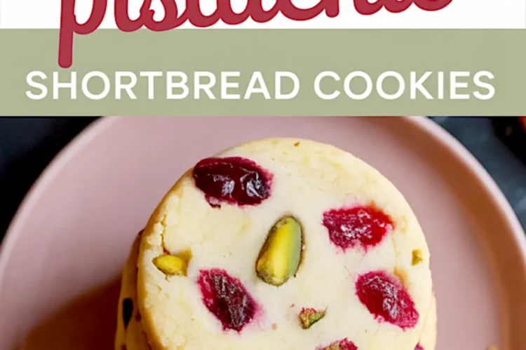 Top-down view of a stack of round cranberry pistachio shortbread cookies on a pink ceramic plate with visible chunks of cranberries and pistachios; includes recipe title in bold font.