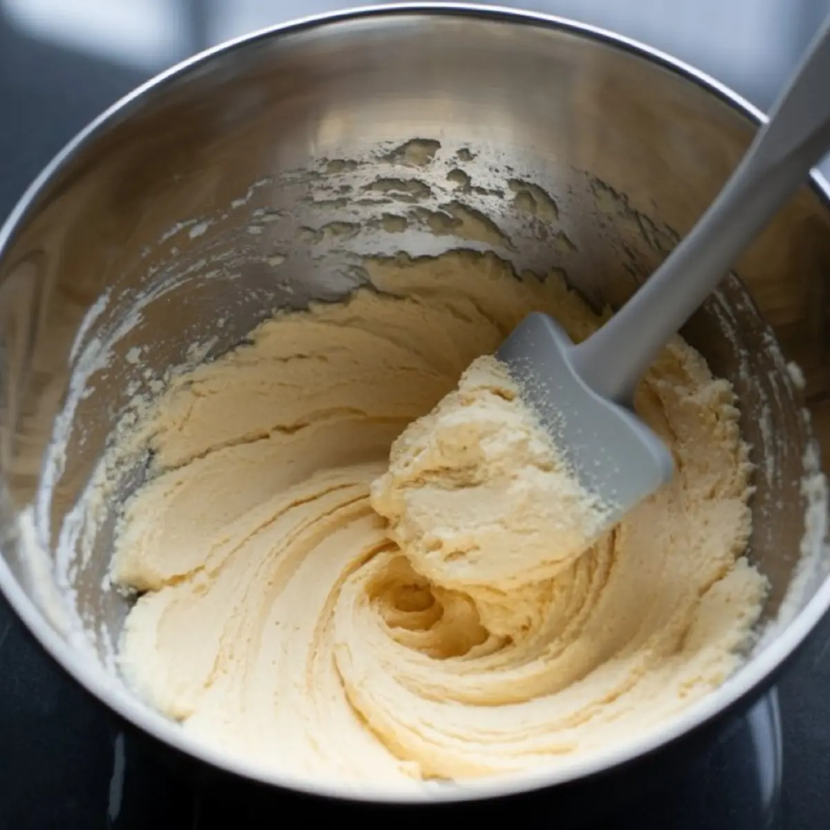 Creamed butter and sugar mixture swirled in a stainless steel mixing bowl with a silicone spatula, showing the early stage of cookie dough preparation for shortbread.