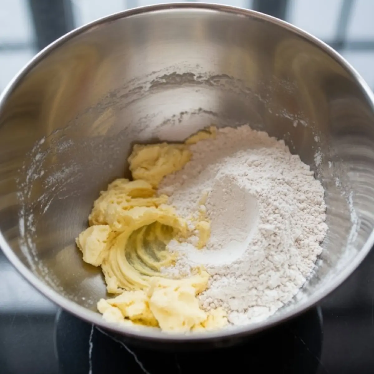 Softened butter and all-purpose flour added to a mixing bowl, illustrating the process of combining ingredients for homemade cookie dough.