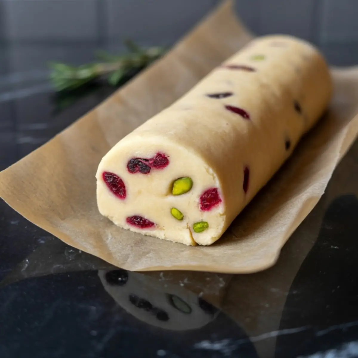Rolled log of raw cookie dough with visible dried cranberries and pistachios, shaped and ready for chilling or slicing for festive shortbread cookies.