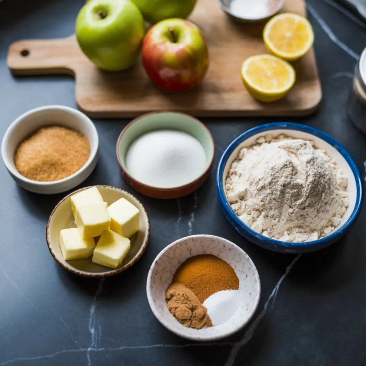 Flat-lay on dark slate shows Granny Smith and Gala apples, halved lemon, granulated sugar, brown sugar, cubed butter, flour, cinnamon, and nutmeg arranged in small bowls, depicting full ingredient lineup for homemade Dutch apple pie.