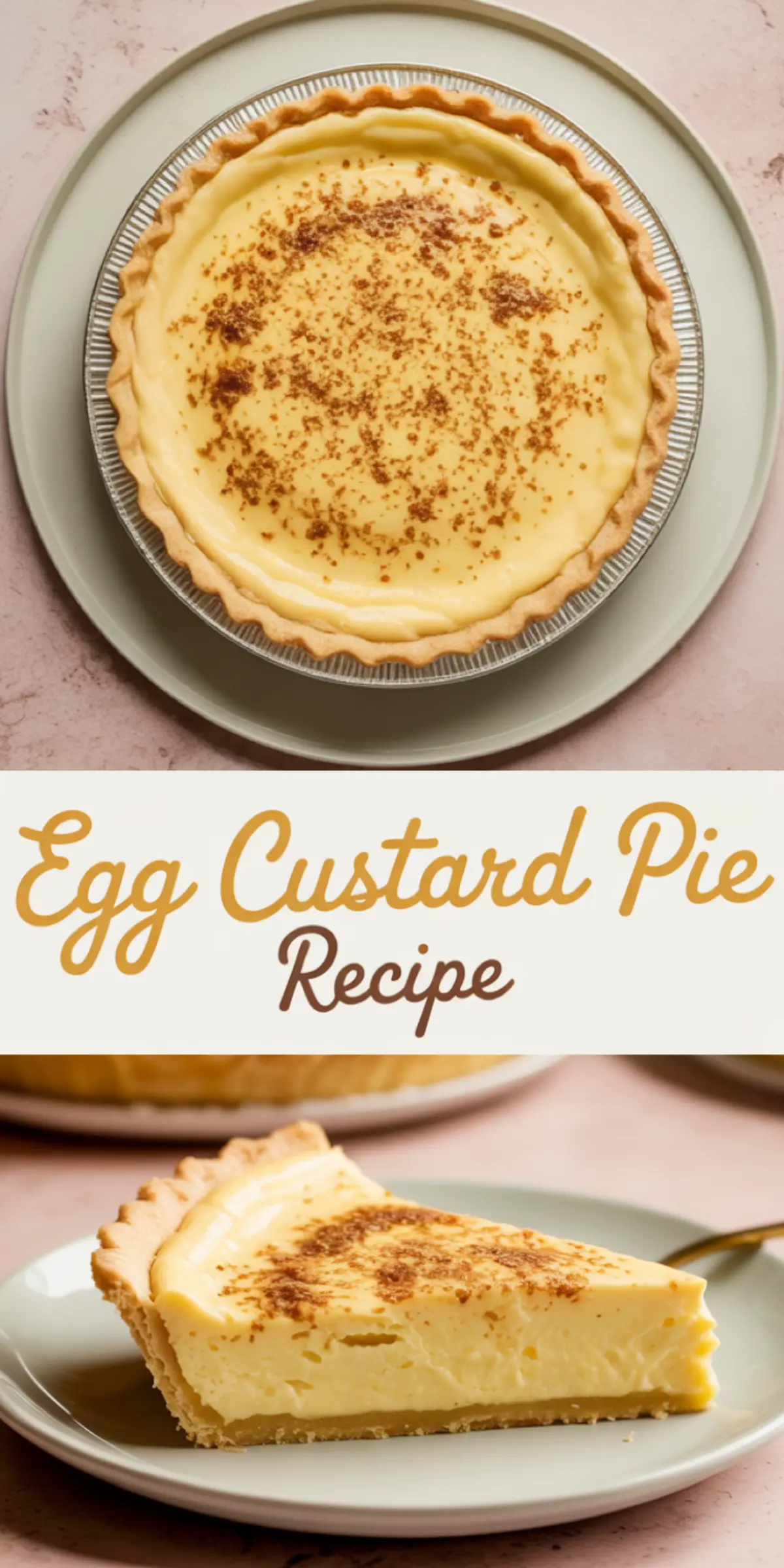Top and side view collage of an egg custard pie with a golden baked crust, creamy custard center, and sprinkle of nutmeg, presented on a white plate with decorative “Egg Custard Pie Recipe” text.
