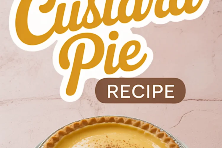 Baked egg custard pie in a golden crust on a white plate, with bold text overlay reading “Egg Custard Pie Recipe” on a light pink background.