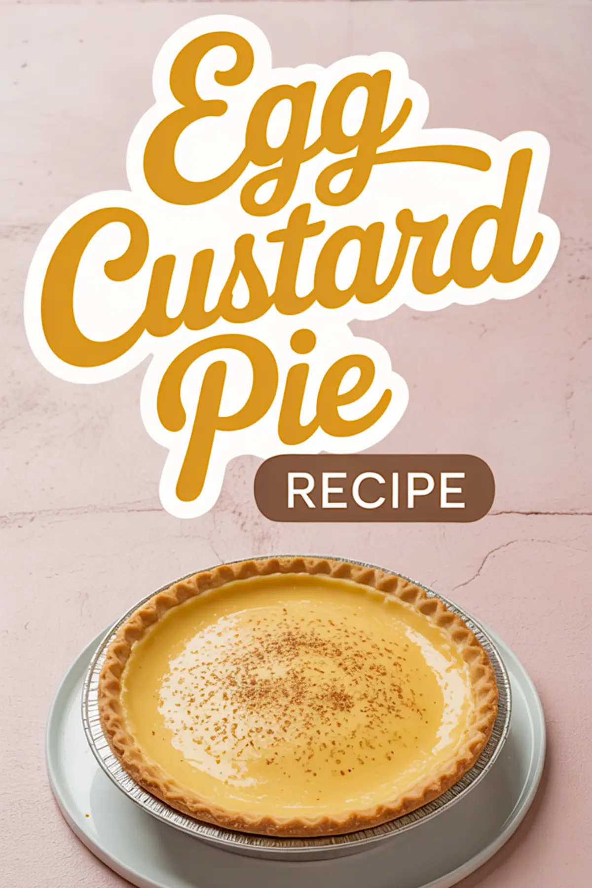 Baked egg custard pie in a golden crust on a white plate, with bold text overlay reading “Egg Custard Pie Recipe” on a light pink background.