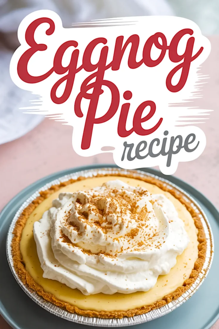 Whole eggnog pie topped with whipped cream and sprinkled with ground cinnamon, served in a foil pie pan with a graham cracker crust, and labeled “Eggnog Pie Recipe.”