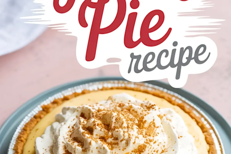 Whole eggnog pie topped with whipped cream and sprinkled with ground cinnamon, served in a foil pie pan with a graham cracker crust, and labeled “Eggnog Pie Recipe.”