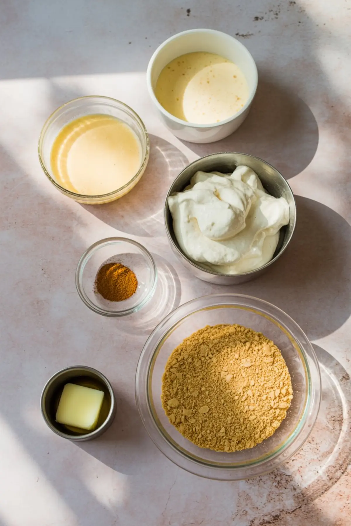 Overhead view of eggnog pie ingredients laid out on a pink surface, including crushed graham crackers, butter, cinnamon, whipped cream, sweetened condensed milk, and eggnog.