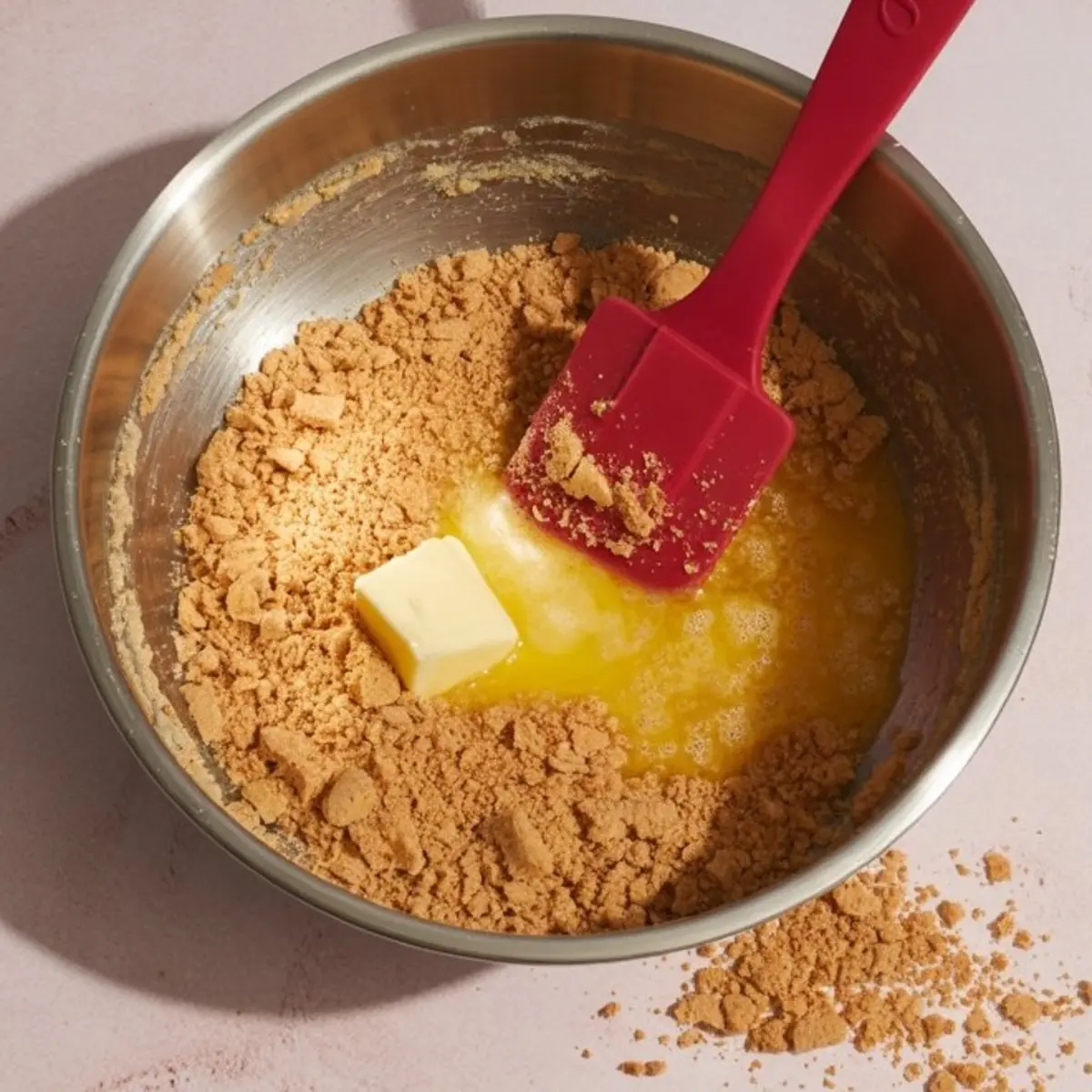 Crushed graham crackers and melted butter are mixed in a metal bowl with a red spatula, forming the base for a no-bake pie crust.