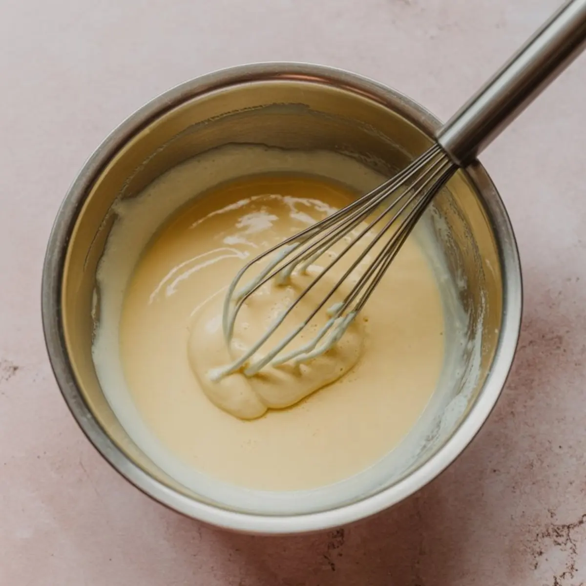 A smooth, pale yellow custard mixture is whisked in a metal bowl, preparing the creamy filling for a chilled dessert.