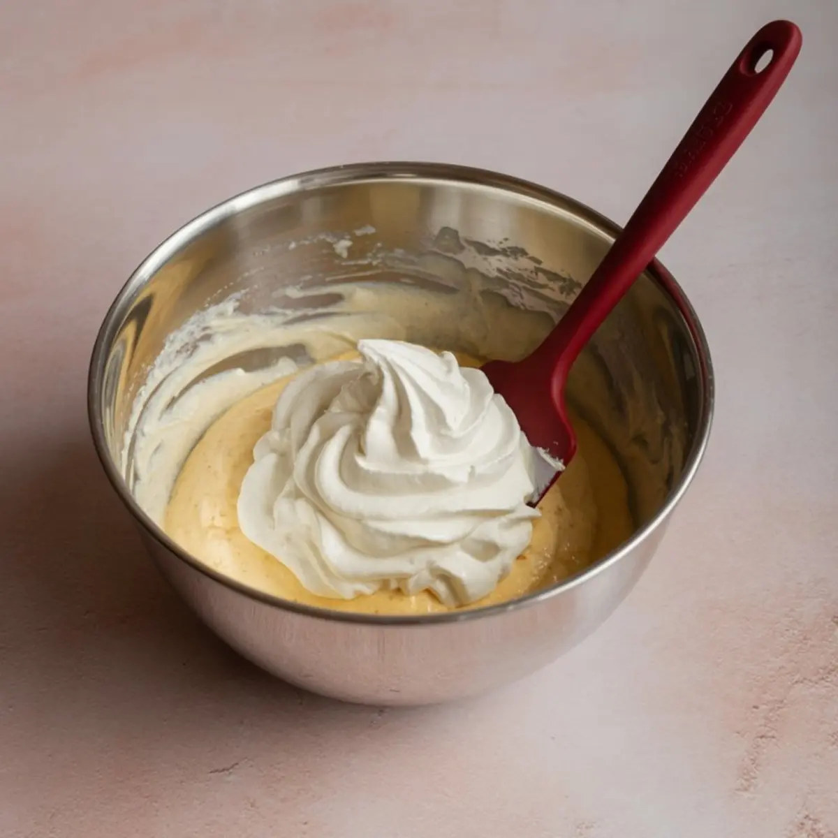 Whipped topping is folded into the creamy pie filling in a metal bowl using a red spatula to create a light and airy texture.