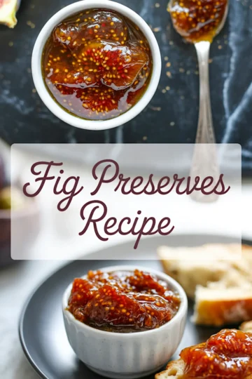 Two-photo collage of thick fig preserves served in a white ramekin and spread on bread slices, with text overlay that says “Fig Preserves Recipe.”