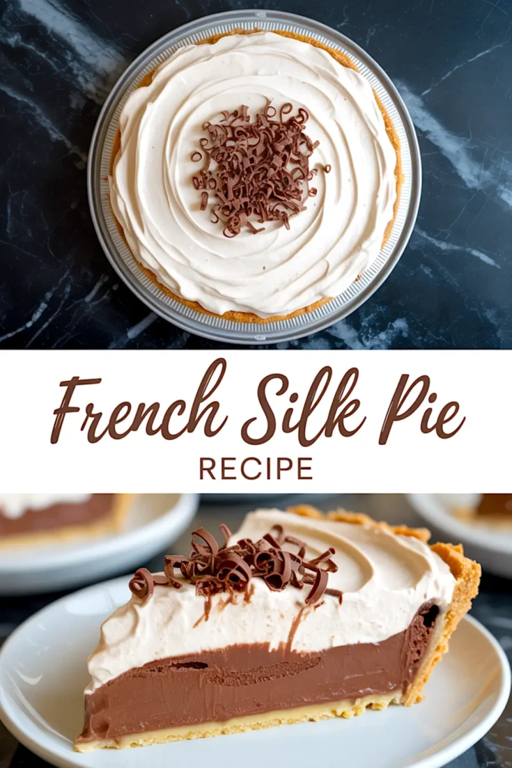 French silk pie topped with whipped cream and chocolate curls, with a close-up of a chocolate-filled slice on a white plate.