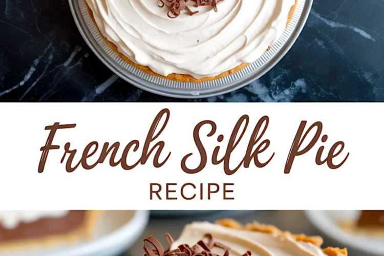 French silk pie topped with whipped cream and chocolate curls, with a close-up of a chocolate-filled slice on a white plate.