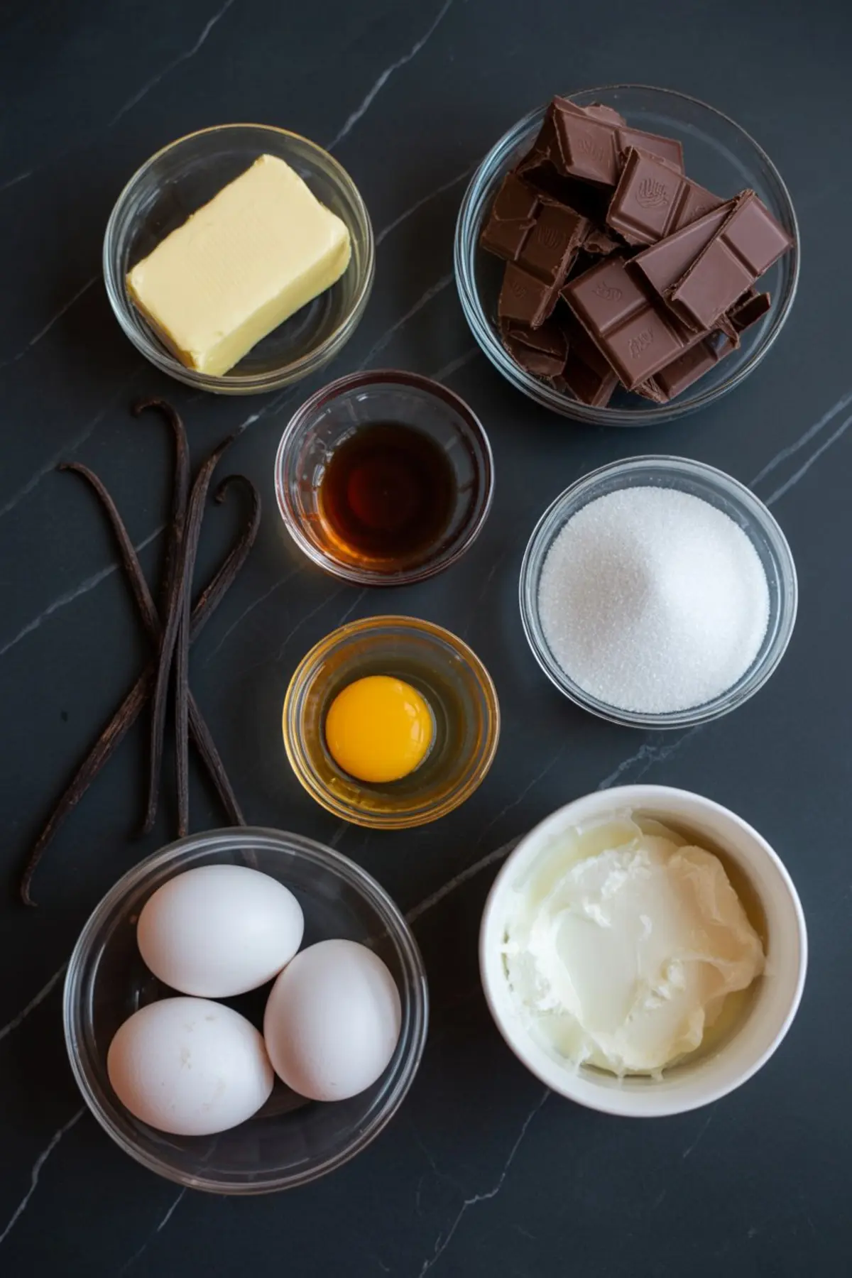 Flat lay of baking ingredients including butter, chocolate bars, sugar, vanilla, eggs, and sour cream arranged on a black marble background.