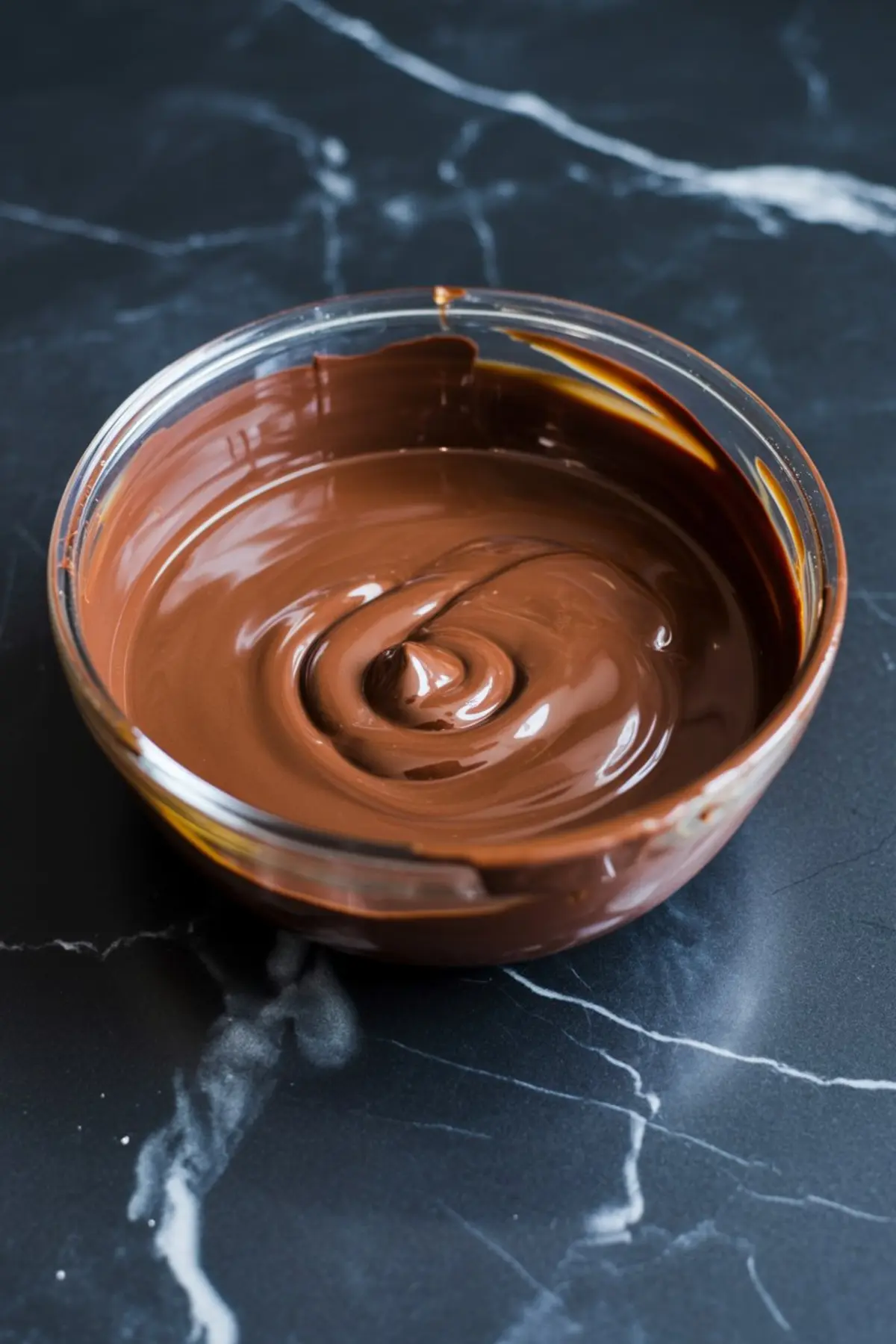 Glass bowl containing swirled melted chocolate with a rich sheen placed on a black marble surface.