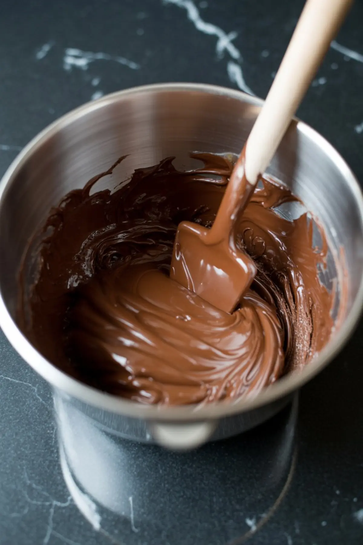 Stainless steel mixing bowl filled with glossy melted chocolate being stirred with a rubber spatula on a dark marble surface.