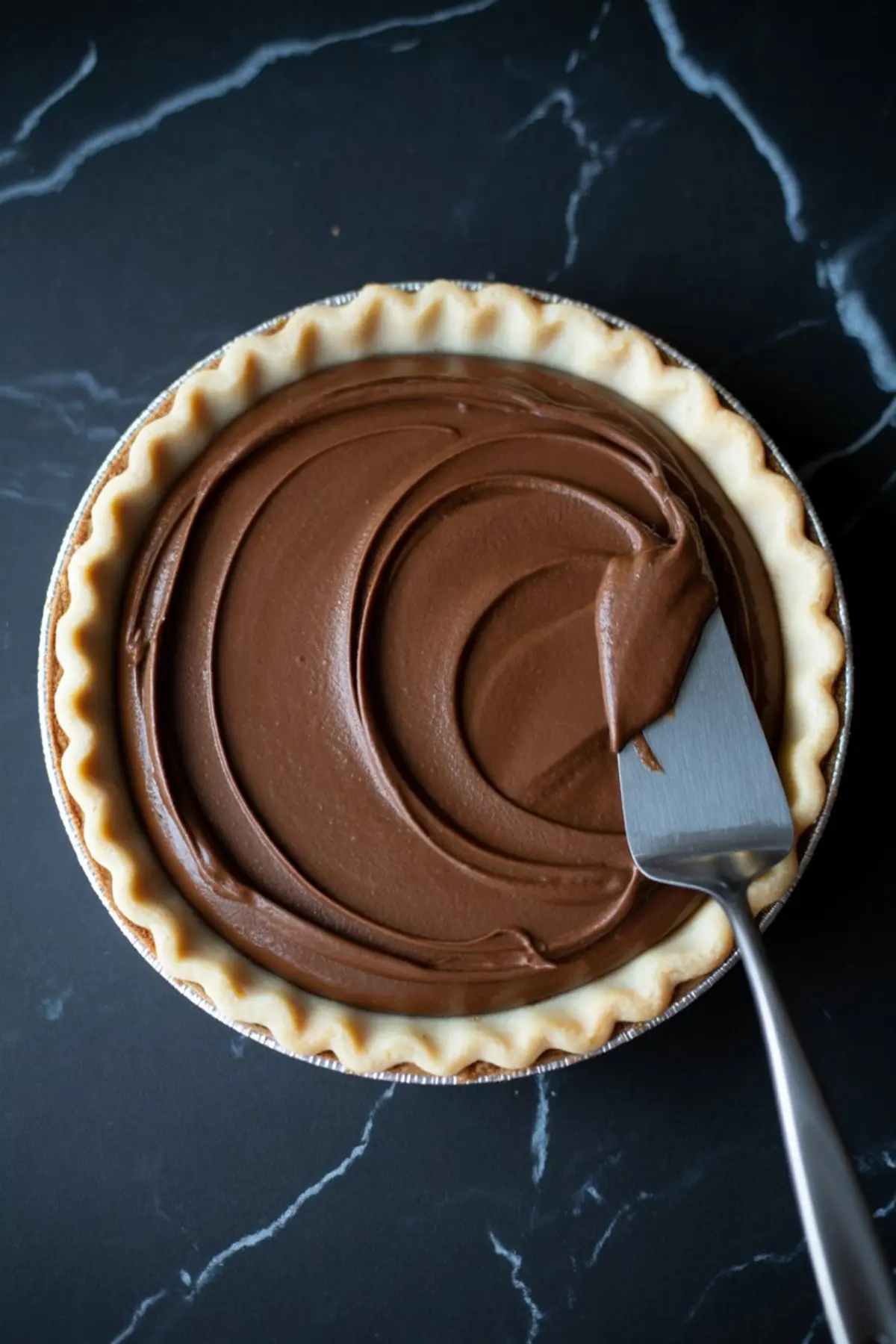 Unbaked pie crust filled with smooth chocolate filling being spread evenly with a metal spatula on a black marble countertop.