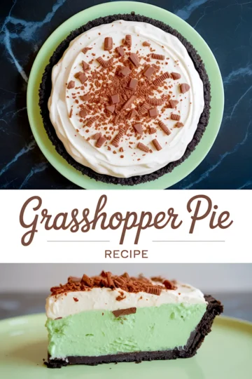 Collage showing a whole grasshopper pie topped with chocolate shavings and a single slice revealing the mint green filling and chocolate cookie crust.