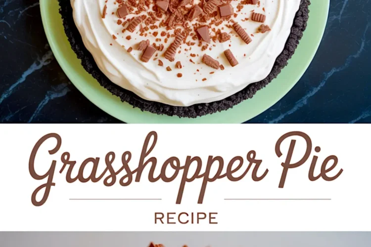 Collage showing a whole grasshopper pie topped with chocolate shavings and a single slice revealing the mint green filling and chocolate cookie crust.