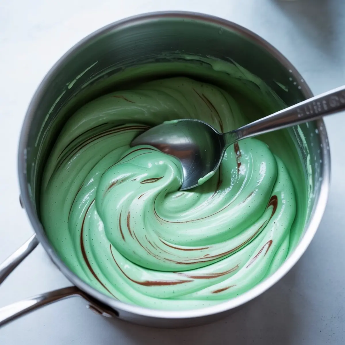 Close-up of a saucepan filled with creamy green mint filling swirled with chocolate, being mixed with a silver spoon.
