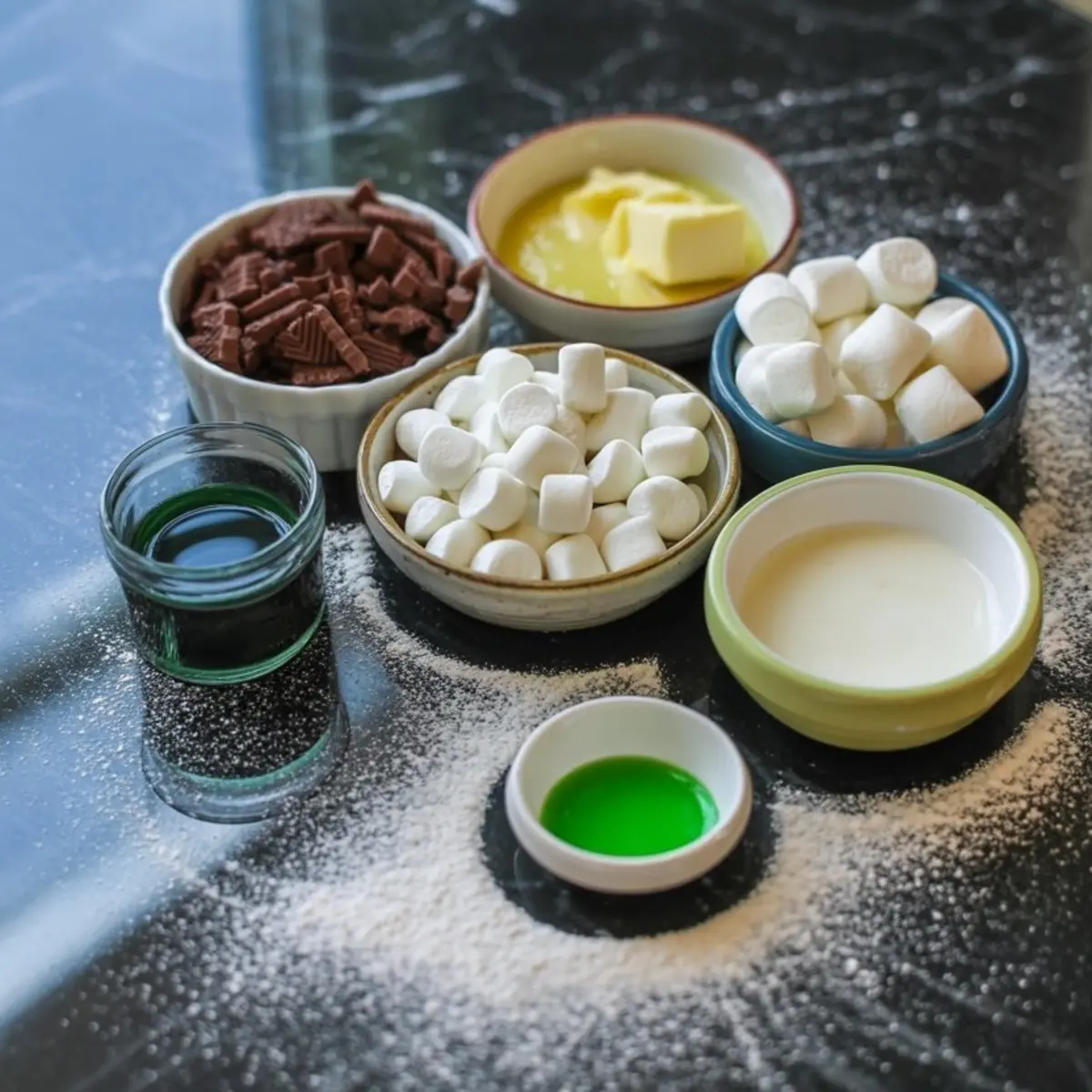 Flat lay of grasshopper pie ingredients including mini marshmallows, chopped chocolate, butter, cream, green food coloring, and peppermint extract on a black countertop dusted with powdered sugar.
