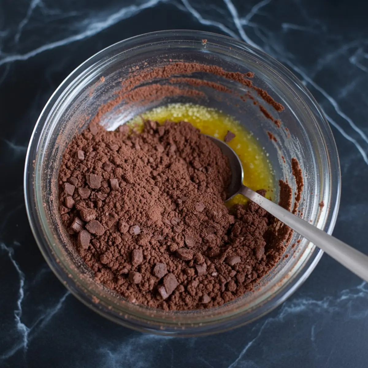 Glass mixing bowl with cocoa powder and melted butter being stirred with a spoon on a black marble surface.
