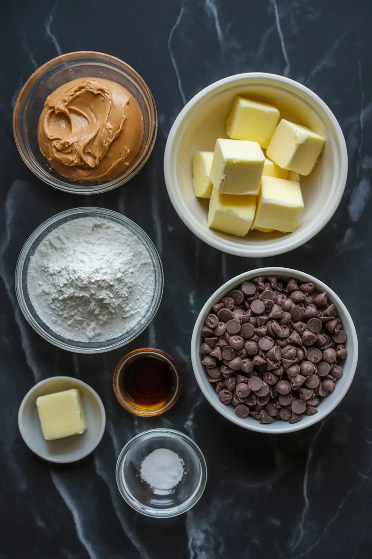 Flat lay of buckeye candy ingredients including peanut butter, cubed butter, powdered sugar, chocolate chips, vanilla extract, salt, and extra butter on a dark marble surface.