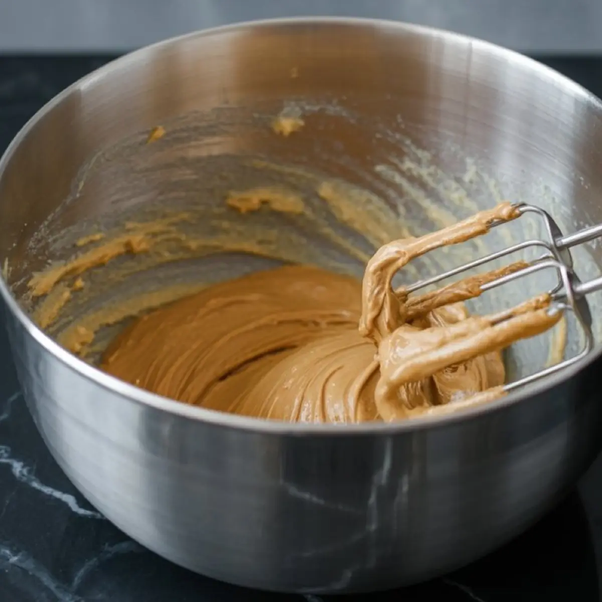 Stainless steel mixing bowl with creamy peanut butter mixture being whipped with electric mixer beaters on a dark marble counter.