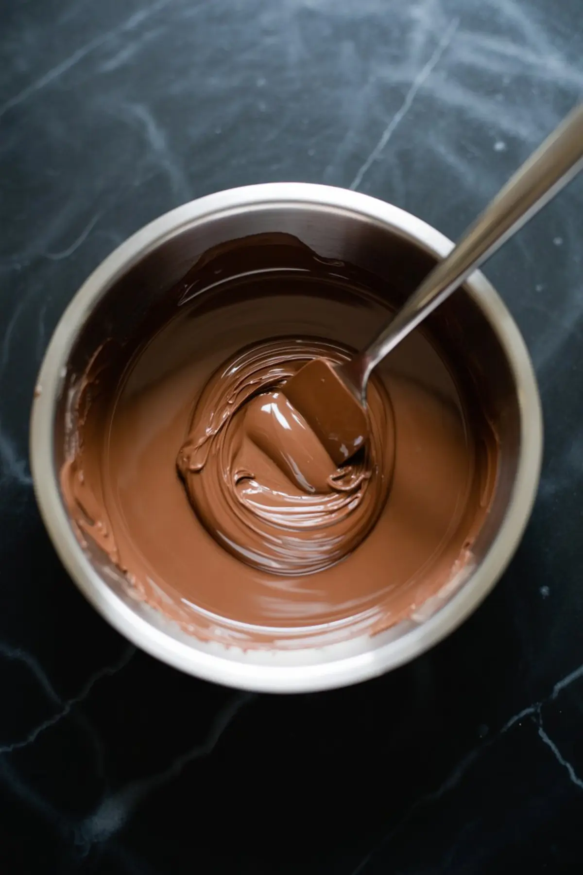 Bowl of smooth melted chocolate with a spatula resting inside, ready for dipping candies.