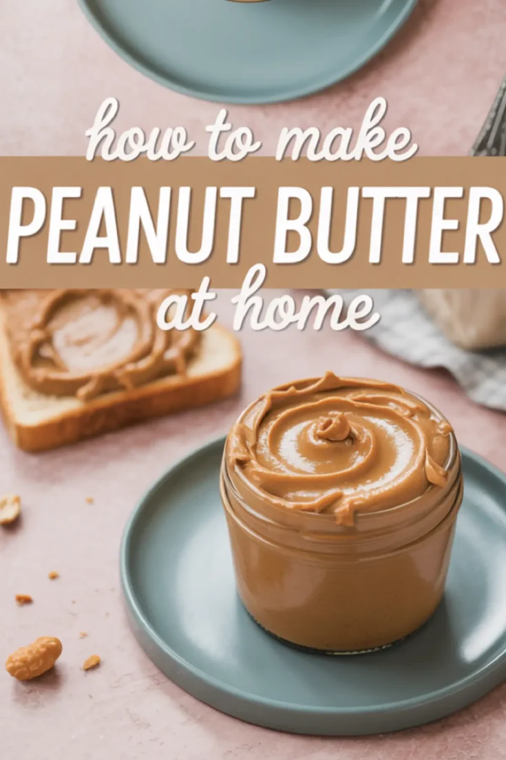 Top-down collage featuring a jar of swirled peanut butter, a slice of bread with peanut spread, and large text that reads “How to make peanut butter at home,” styled for recipe pins.