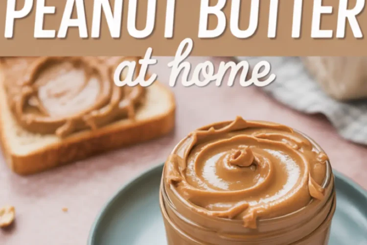 Top-down collage featuring a jar of swirled peanut butter, a slice of bread with peanut spread, and large text that reads “How to make peanut butter at home,” styled for recipe pins.