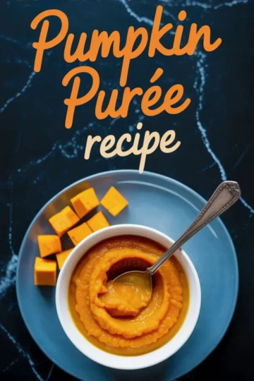 Overhead view of a bowl of pumpkin purée with a spoon, placed on a blue plate with diced pumpkin cubes, with text reading “Pumpkin Purée Recipe.”