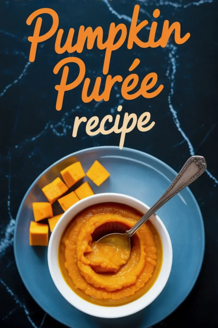 Overhead view of a bowl of pumpkin purée with a spoon, placed on a blue plate with diced pumpkin cubes, with text reading “Pumpkin Purée Recipe.”