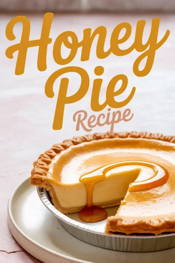 Portrait graphic with bold script reading “Honey Pie Recipe” above a rustic custard pie missing one slice; amber honey streams from the cut edge onto a ceramic dish, all set against a softly lit kitchen backdrop.