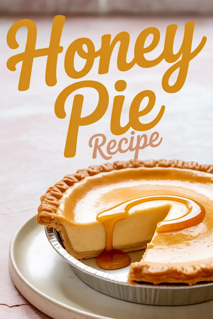 Portrait graphic with bold script reading “Honey Pie Recipe” above a rustic custard pie missing one slice; amber honey streams from the cut edge onto a ceramic dish, all set against a softly lit kitchen backdrop.