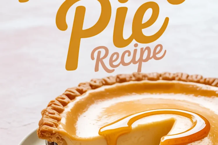 Portrait graphic with bold script reading “Honey Pie Recipe” above a rustic custard pie missing one slice; amber honey streams from the cut edge onto a ceramic dish, all set against a softly lit kitchen backdrop.