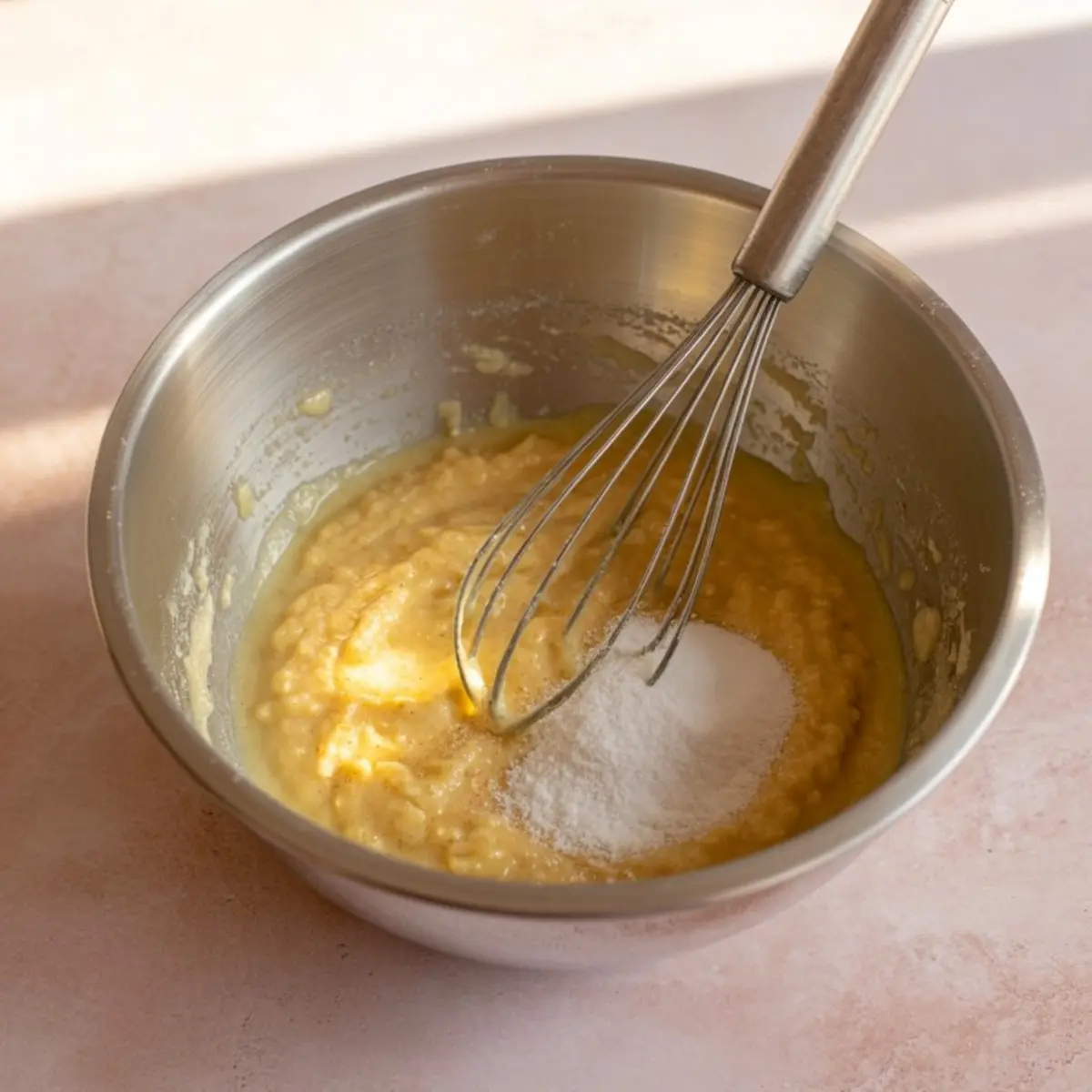 Stainless steel mixing bowl holds thick honey-pie batter; a wire whisk rests inside while white granulated sugar sits in a small mound under warm daylight, illustrating early baking prep on a blush countertop.